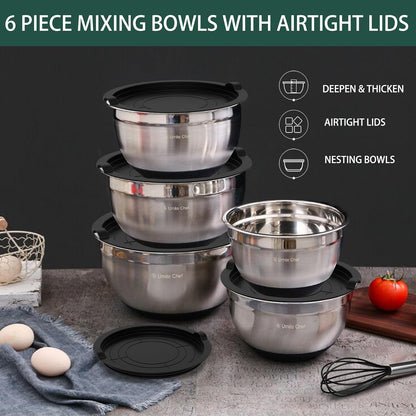 Mixing Bowls with Airtight Lids, 6 piece Stainless Steel Metal Nesting Storage Bowls, Non-Slip Bottoms Size 7, 3.5, 2.5, 2.0,1.5, 1QT, Great for Mixing & Serving (Khaki)
