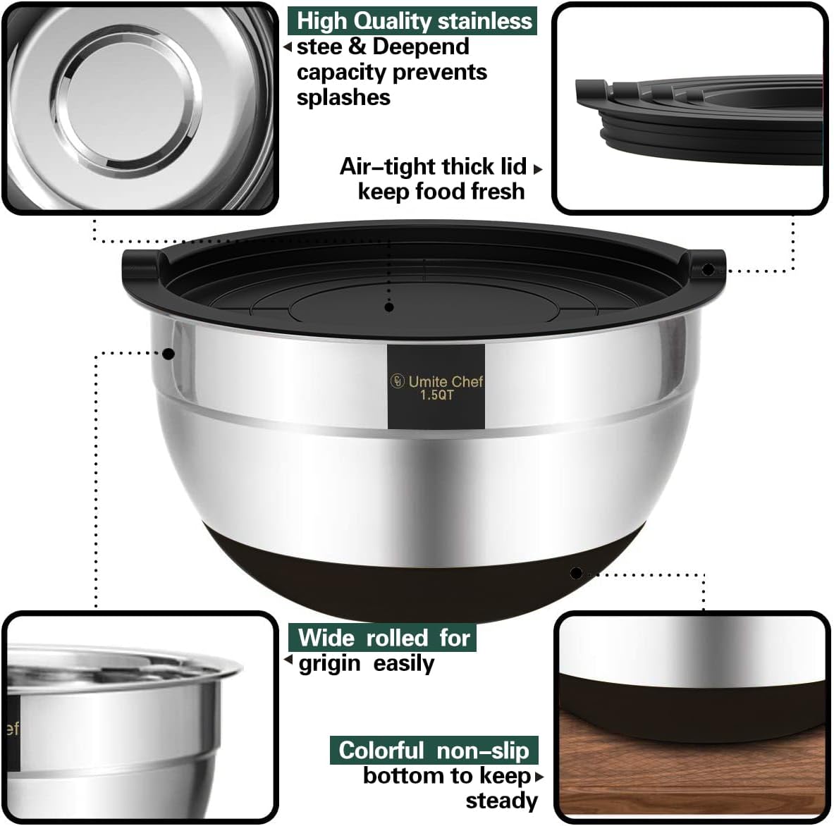 Mixing Bowls with Airtight Lids, 6 piece Stainless Steel Metal Nesting Storage Bowls, Non-Slip Bottoms Size 7, 3.5, 2.5, 2.0,1.5, 1QT, Great for Mixing & Serving (Khaki)