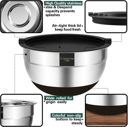 Mixing Bowls with Airtight Lids, 6 piece Stainless Steel Metal Nesting Storage Bowls, Non-Slip Bottoms Size 7, 3.5, 2.5, 2.0,1.5, 1QT, Great for Mixing & Serving (Khaki)