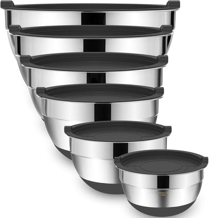 Mixing Bowls with Airtight Lids, 6 piece Stainless Steel Metal Nesting Storage Bowls, Non-Slip Bottoms Size 7, 3.5, 2.5, 2.0,1.5, 1QT, Great for Mixing & Serving (Khaki)