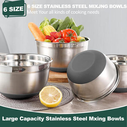Mixing Bowls with Airtight Lids, 6 piece Stainless Steel Metal Nesting Storage Bowls, Non-Slip Bottoms Size 7, 3.5, 2.5, 2.0,1.5, 1QT, Great for Mixing & Serving (Khaki)