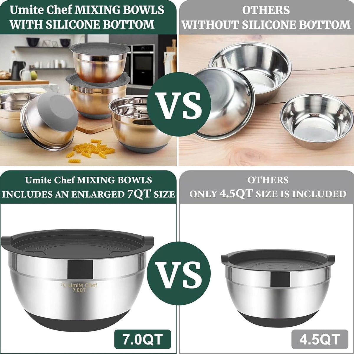 Mixing Bowls with Airtight Lids, 6 piece Stainless Steel Metal Nesting Storage Bowls, Non-Slip Bottoms Size 7, 3.5, 2.5, 2.0,1.5, 1QT, Great for Mixing & Serving (Khaki)