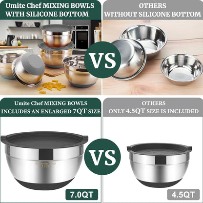 Mixing Bowls with Airtight Lids, 6 piece Stainless Steel Metal Nesting Storage Bowls, Non-Slip Bottoms Size 7, 3.5, 2.5, 2.0,1.5, 1QT, Great for Mixing & Serving (Khaki)