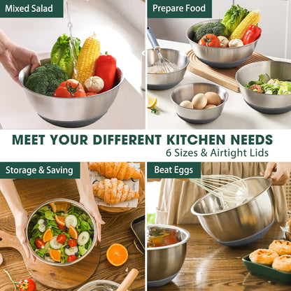 Mixing Bowls with Airtight Lids, 6 piece Stainless Steel Metal Nesting Storage Bowls, Non-Slip Bottoms Size 7, 3.5, 2.5, 2.0,1.5, 1QT, Great for Mixing & Serving (Khaki)