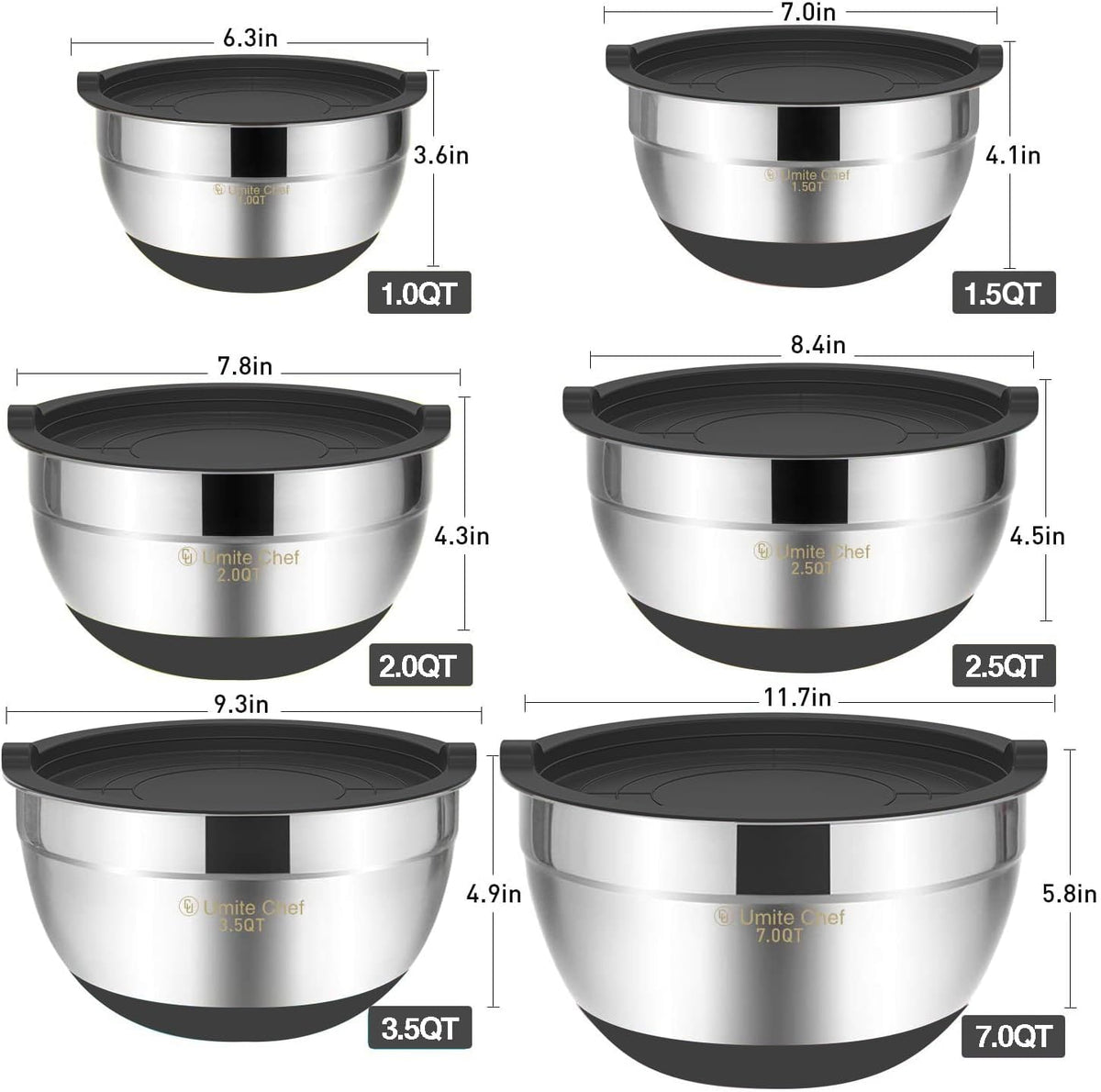 Mixing Bowls with Airtight Lids, 6 piece Stainless Steel Metal Nesting Storage Bowls, Non-Slip Bottoms Size 7, 3.5, 2.5, 2.0,1.5, 1QT, Great for Mixing & Serving (Khaki)