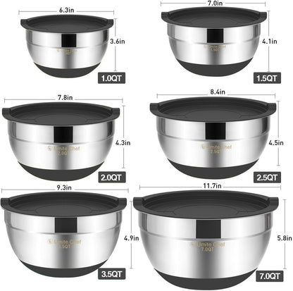 Mixing Bowls with Airtight Lids, 6 piece Stainless Steel Metal Nesting Storage Bowls, Non-Slip Bottoms Size 7, 3.5, 2.5, 2.0,1.5, 1QT, Great for Mixing & Serving (Khaki)