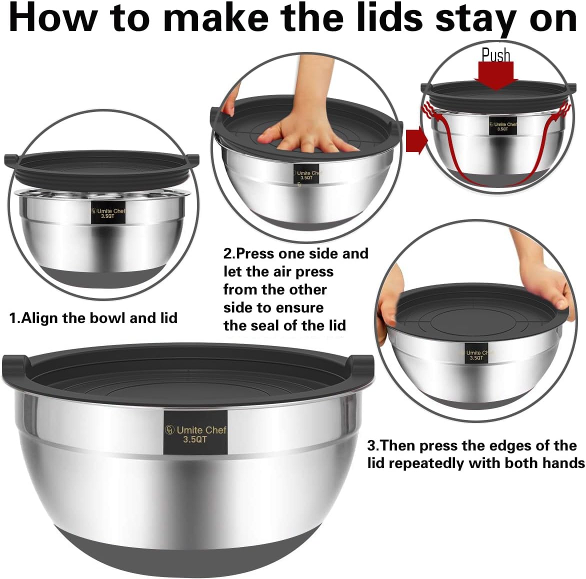 Mixing Bowls with Airtight Lids, 6 piece Stainless Steel Metal Nesting Storage Bowls, Non-Slip Bottoms Size 7, 3.5, 2.5, 2.0,1.5, 1QT, Great for Mixing & Serving (Khaki)