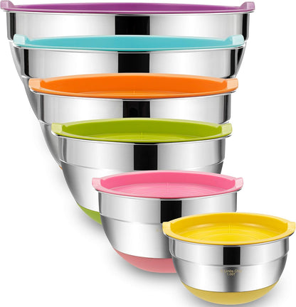 Mixing Bowls with Airtight Lids, 6 piece Stainless Steel Metal Nesting Storage Bowls, Non-Slip Bottoms Size 7, 3.5, 2.5, 2.0,1.5, 1QT, Great for Mixing & Serving (Khaki)