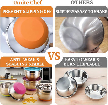 Mixing Bowls with Airtight Lids, 6 piece Stainless Steel Metal Nesting Storage Bowls, Non-Slip Bottoms Size 7, 3.5, 2.5, 2.0,1.5, 1QT, Great for Mixing & Serving (Khaki)
