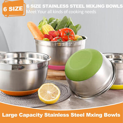 Mixing Bowls with Airtight Lids, 6 piece Stainless Steel Metal Nesting Storage Bowls, Non-Slip Bottoms Size 7, 3.5, 2.5, 2.0,1.5, 1QT, Great for Mixing & Serving (Khaki)