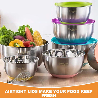 Mixing Bowls with Airtight Lids, 6 piece Stainless Steel Metal Nesting Storage Bowls, Non-Slip Bottoms Size 7, 3.5, 2.5, 2.0,1.5, 1QT, Great for Mixing & Serving (Khaki)