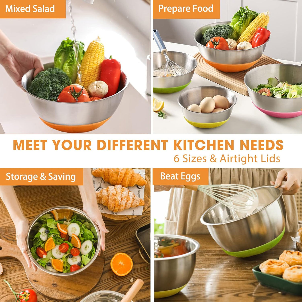 Mixing Bowls with Airtight Lids, 6 piece Stainless Steel Metal Nesting Storage Bowls, Non-Slip Bottoms Size 7, 3.5, 2.5, 2.0,1.5, 1QT, Great for Mixing & Serving (Khaki)