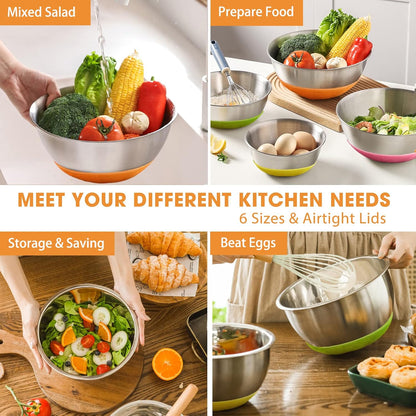 Mixing Bowls with Airtight Lids, 6 piece Stainless Steel Metal Nesting Storage Bowls, Non-Slip Bottoms Size 7, 3.5, 2.5, 2.0,1.5, 1QT, Great for Mixing & Serving (Khaki)
