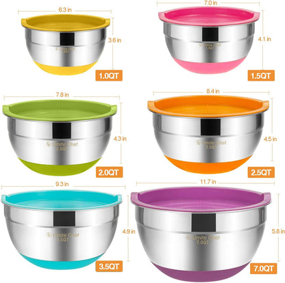 Mixing Bowls with Airtight Lids, 6 piece Stainless Steel Metal Nesting Storage Bowls, Non-Slip Bottoms Size 7, 3.5, 2.5, 2.0,1.5, 1QT, Great for Mixing & Serving (Khaki)