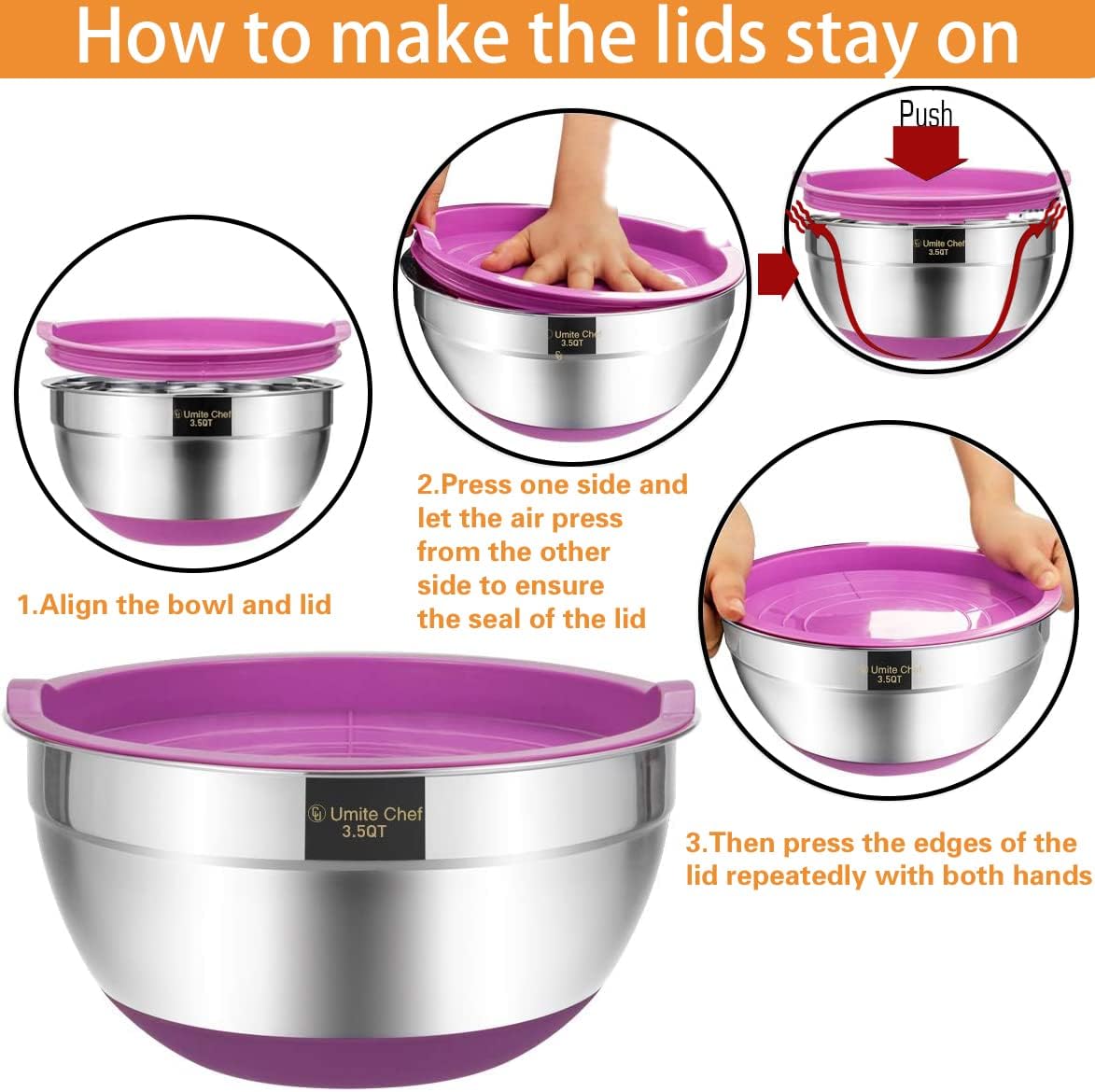 Mixing Bowls with Airtight Lids, 6 piece Stainless Steel Metal Nesting Storage Bowls, Non-Slip Bottoms Size 7, 3.5, 2.5, 2.0,1.5, 1QT, Great for Mixing & Serving (Khaki)