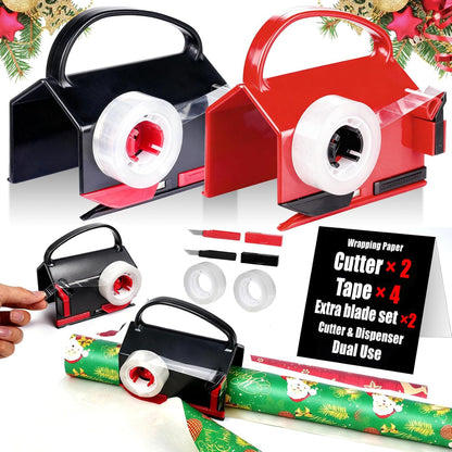 2-in-1 Wrapping Paper Cutter & Tape Dispenser, with 4 Tapes & 2 Blades ﻿ ﻿ | Sliding Gift Wrap Roll Cutter Tool with Replacement Parts, Safe & Precise Cutting for Christmas, Birthday, Crafts & Office