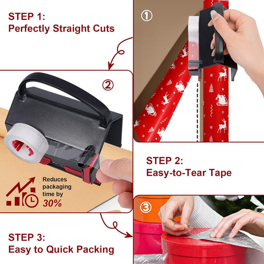 2-in-1 Wrapping Paper Cutter & Tape Dispenser, with 4 Tapes & 2 Blades ﻿ ﻿ | Sliding Gift Wrap Roll Cutter Tool with Replacement Parts, Safe & Precise Cutting for Christmas, Birthday, Crafts & Office