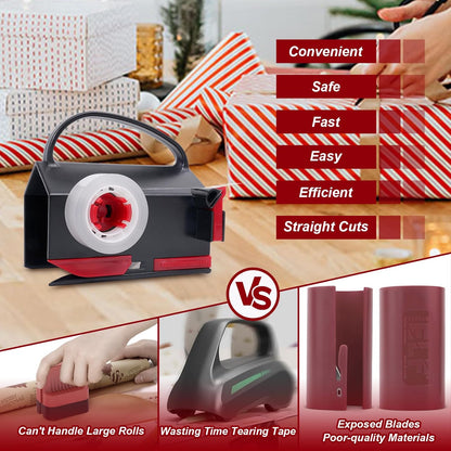 2-in-1 Wrapping Paper Cutter & Tape Dispenser, with 4 Tapes & 2 Blades ﻿ ﻿ | Sliding Gift Wrap Roll Cutter Tool with Replacement Parts, Safe & Precise Cutting for Christmas, Birthday, Crafts & Office