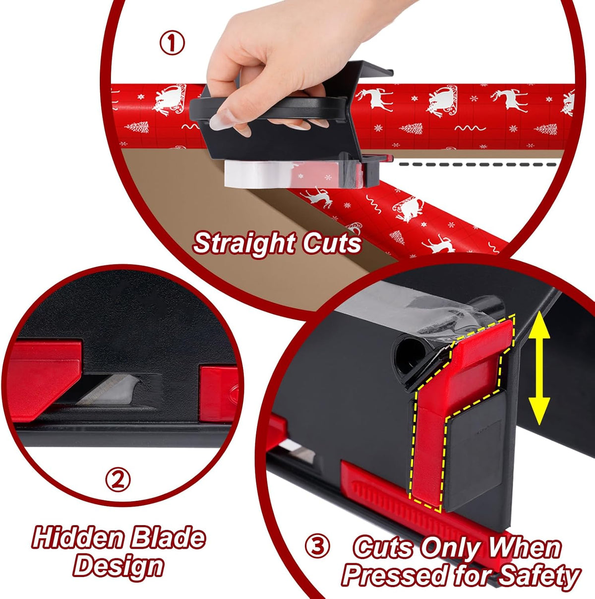 2-in-1 Wrapping Paper Cutter & Tape Dispenser, with 4 Tapes & 2 Blades ﻿ ﻿ | Sliding Gift Wrap Roll Cutter Tool with Replacement Parts, Safe & Precise Cutting for Christmas, Birthday, Crafts & Office