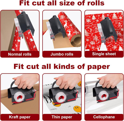 2-in-1 Wrapping Paper Cutter & Tape Dispenser, with 4 Tapes & 2 Blades ﻿ ﻿ | Sliding Gift Wrap Roll Cutter Tool with Replacement Parts, Safe & Precise Cutting for Christmas, Birthday, Crafts & Office