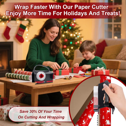 2-in-1 Wrapping Paper Cutter & Tape Dispenser, with 4 Tapes & 2 Blades ﻿ ﻿ | Sliding Gift Wrap Roll Cutter Tool with Replacement Parts, Safe & Precise Cutting for Christmas, Birthday, Crafts & Office
