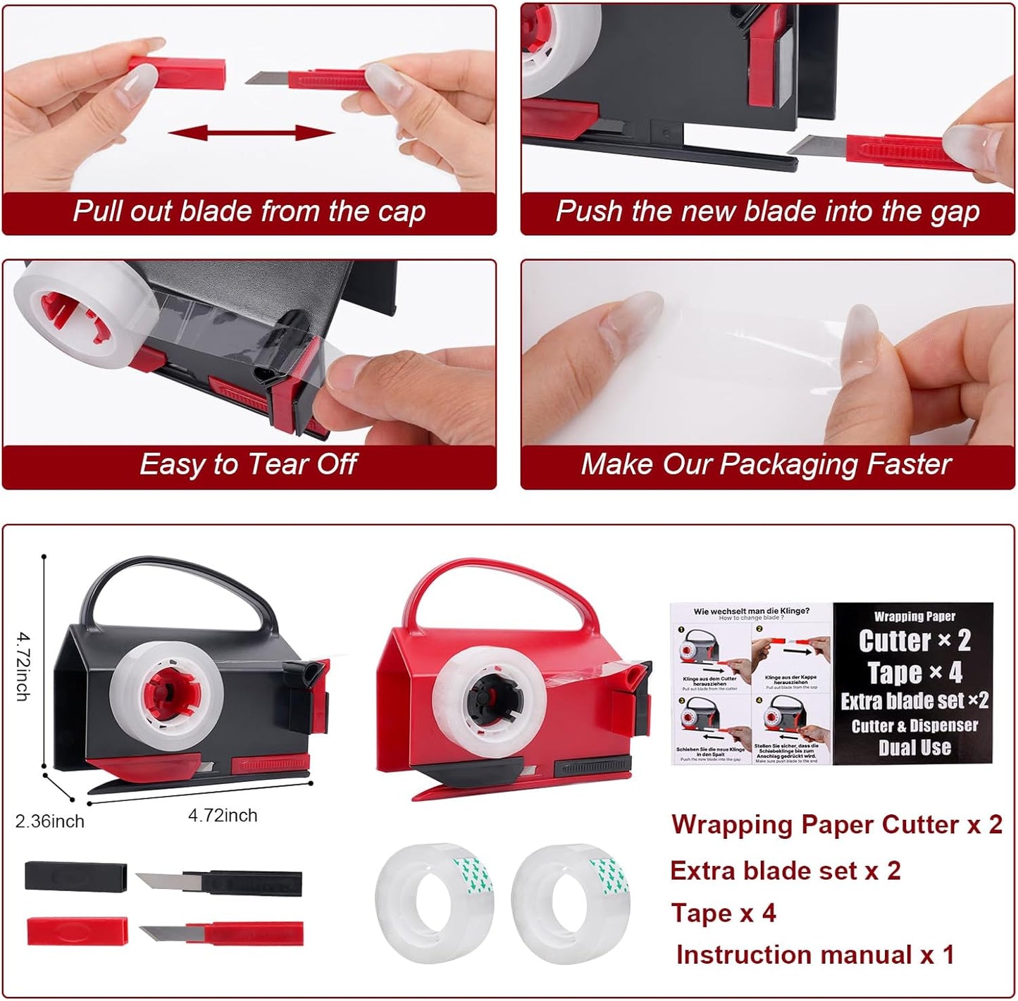 2-in-1 Wrapping Paper Cutter & Tape Dispenser, with 4 Tapes & 2 Blades ﻿ ﻿ | Sliding Gift Wrap Roll Cutter Tool with Replacement Parts, Safe & Precise Cutting for Christmas, Birthday, Crafts & Office