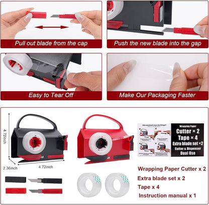 2-in-1 Wrapping Paper Cutter & Tape Dispenser, with 4 Tapes & 2 Blades ﻿ ﻿ | Sliding Gift Wrap Roll Cutter Tool with Replacement Parts, Safe & Precise Cutting for Christmas, Birthday, Crafts & Office