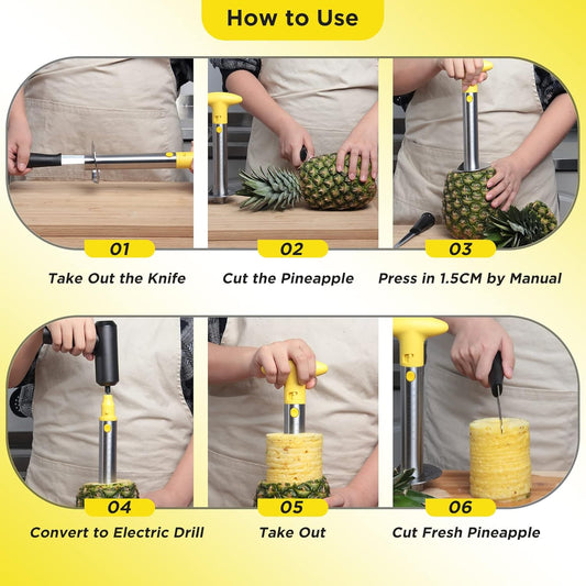 Pineapple Cutter with Knife, [Upgraded, Electric & Manual] Durable Pineapple Corer with Electric Drill Accessory, Stainless Steel Fruit Peeler Knife Pineapple Slicer Core Remover Kitchen Tool
