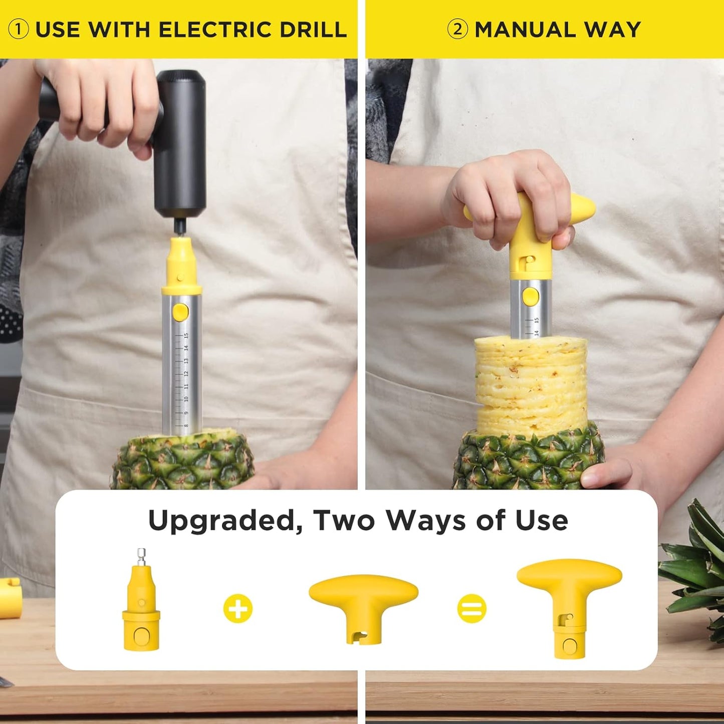 Pineapple Cutter with Knife, [Upgraded, Electric & Manual] Durable Pineapple Corer with Electric Drill Accessory, Stainless Steel Fruit Peeler Knife Pineapple Slicer Core Remover Kitchen Tool