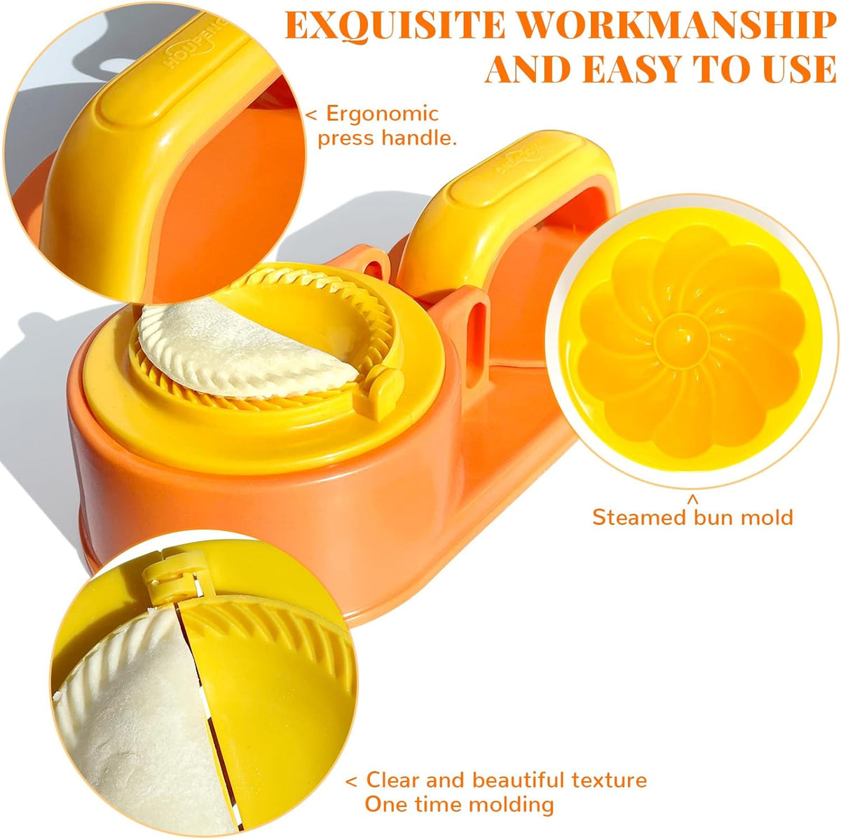 3 in 1 Dumpling Maker Machine, Dough Presser Dumpling Press Wrapper, Home DIY Bao Bun Empanada Mold Making Tool (Orange)