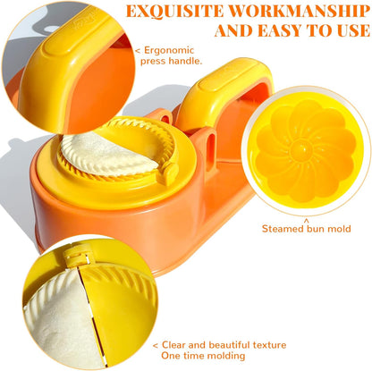 3 in 1 Dumpling Maker Machine, Dough Presser Dumpling Press Wrapper, Home DIY Bao Bun Empanada Mold Making Tool (Orange)