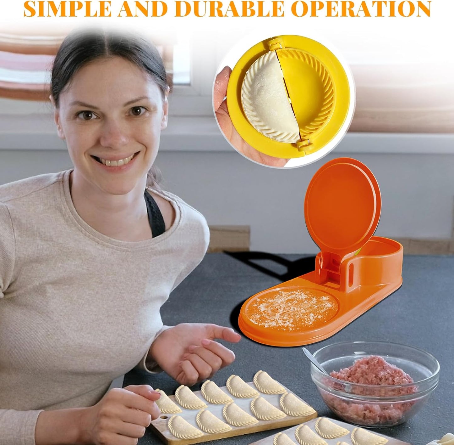 3 in 1 Dumpling Maker Machine, Dough Presser Dumpling Press Wrapper, Home DIY Bao Bun Empanada Mold Making Tool (Orange)