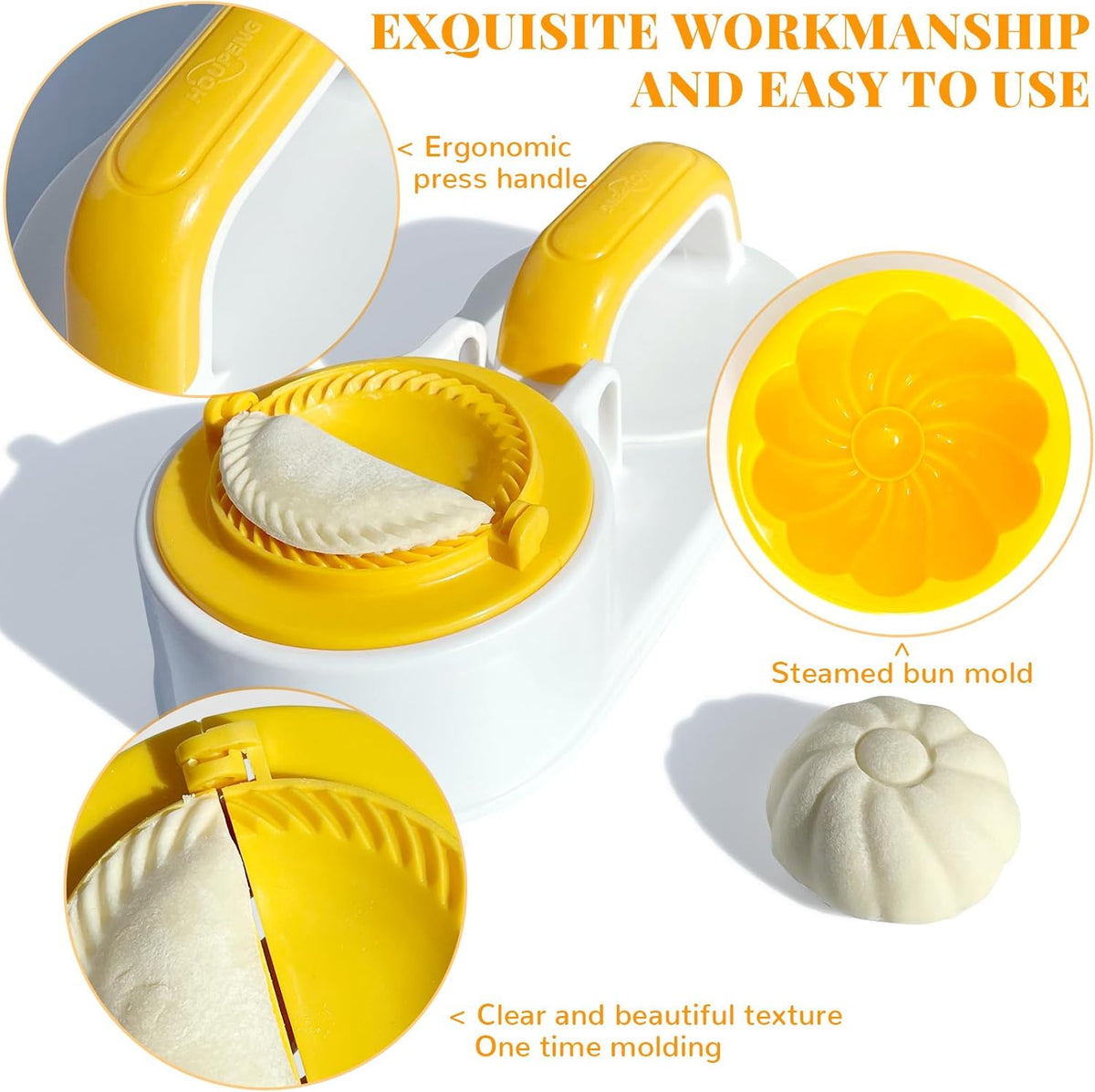 3 in 1 Dumpling Maker Machine, Dough Presser Dumpling Press Wrapper, Home DIY Bao Bun Empanada Mold Making Tool (Orange)
