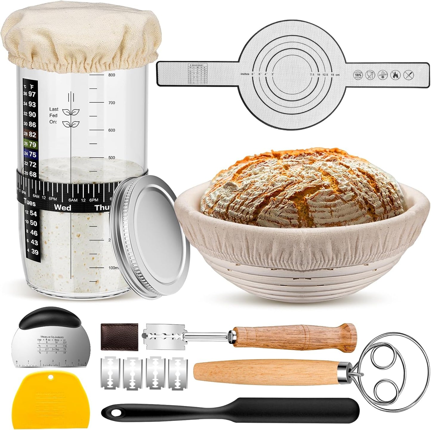 Sourdough Starter Kit,9''Round Proofing Basket,36oz Sourdough Starter Jar | Bread Lame, Dough Scraper, Dough Whisk & Silicone Bread Sling