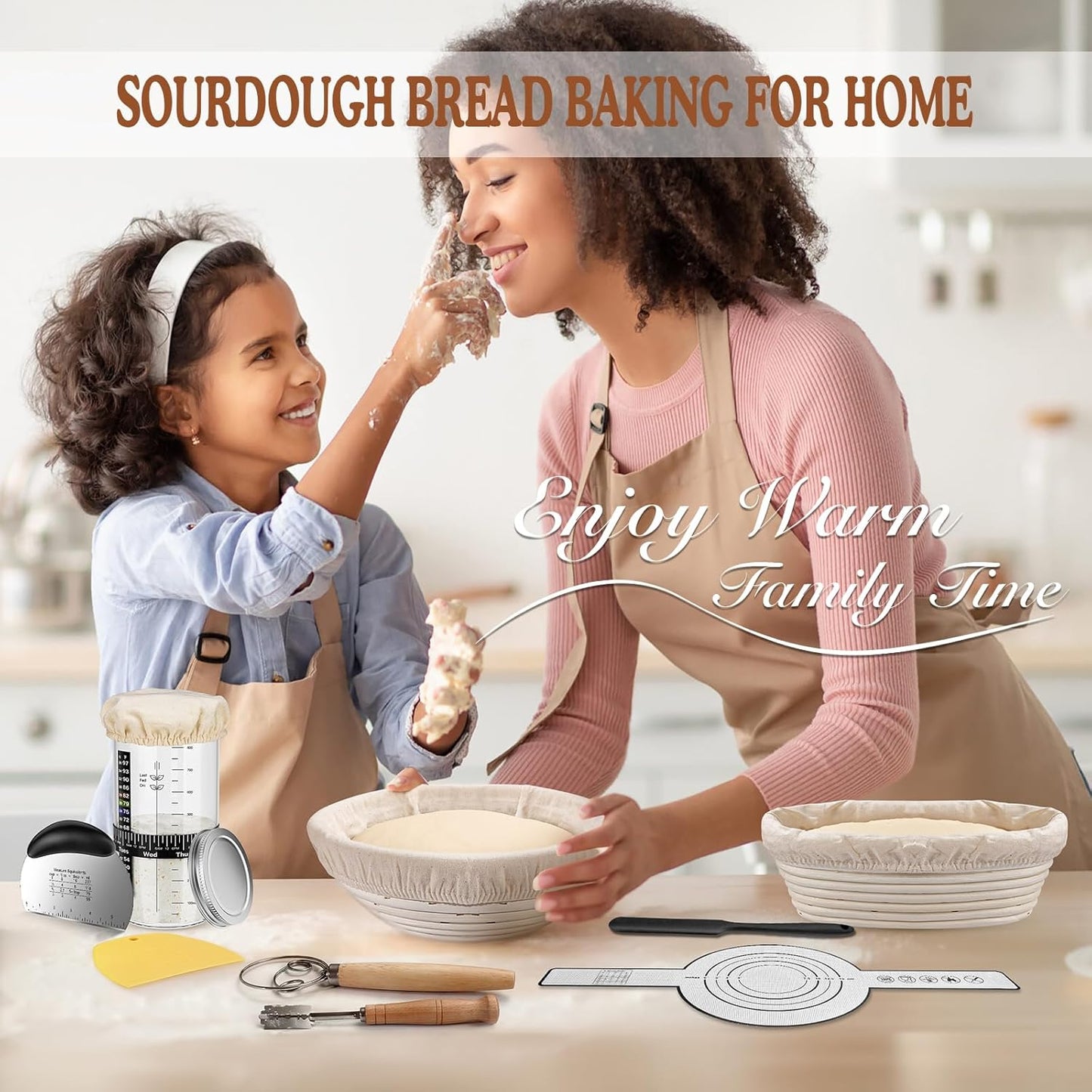 Sourdough Starter Kit,9''Round Proofing Basket,36oz Sourdough Starter Jar | Bread Lame, Dough Scraper, Dough Whisk & Silicone Bread Sling