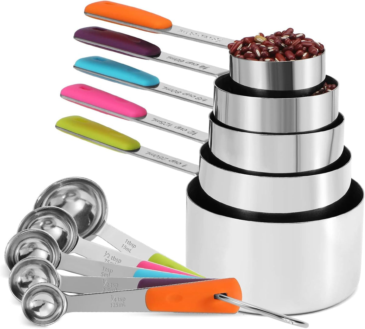 10-Pcs Stainless Steel Measuring Cups & Spoons Set, Colorful Handles