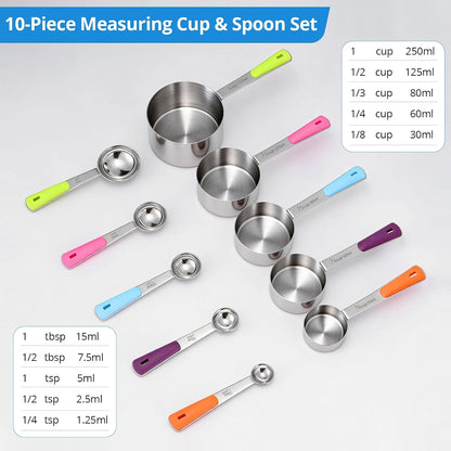 10-Pcs Stainless Steel Measuring Cups & Spoons Set, Colorful Handles