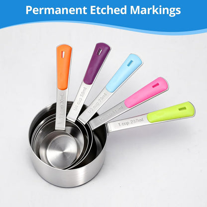 10-Pcs Stainless Steel Measuring Cups & Spoons Set, Colorful Handles
