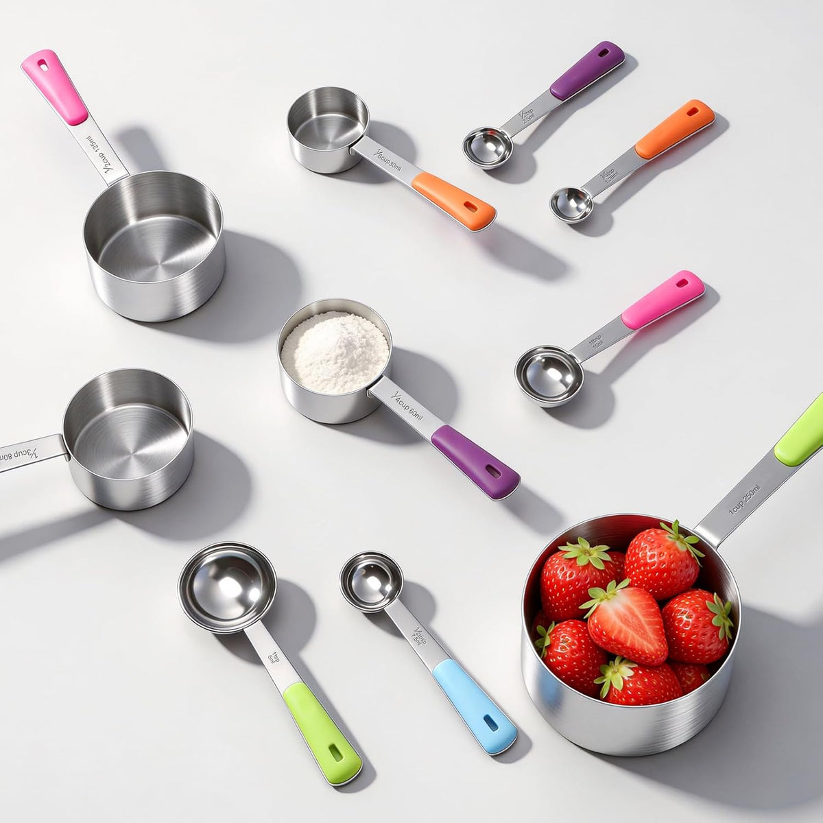 10-Pcs Stainless Steel Measuring Cups & Spoons Set, Colorful Handles