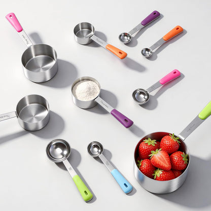 10-Pcs Stainless Steel Measuring Cups & Spoons Set, Colorful Handles