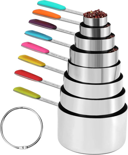 10-Pcs Stainless Steel Measuring Cups & Spoons Set, Colorful Handles