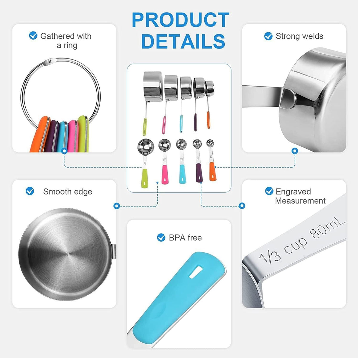 10-Pcs Stainless Steel Measuring Cups & Spoons Set, Colorful Handles