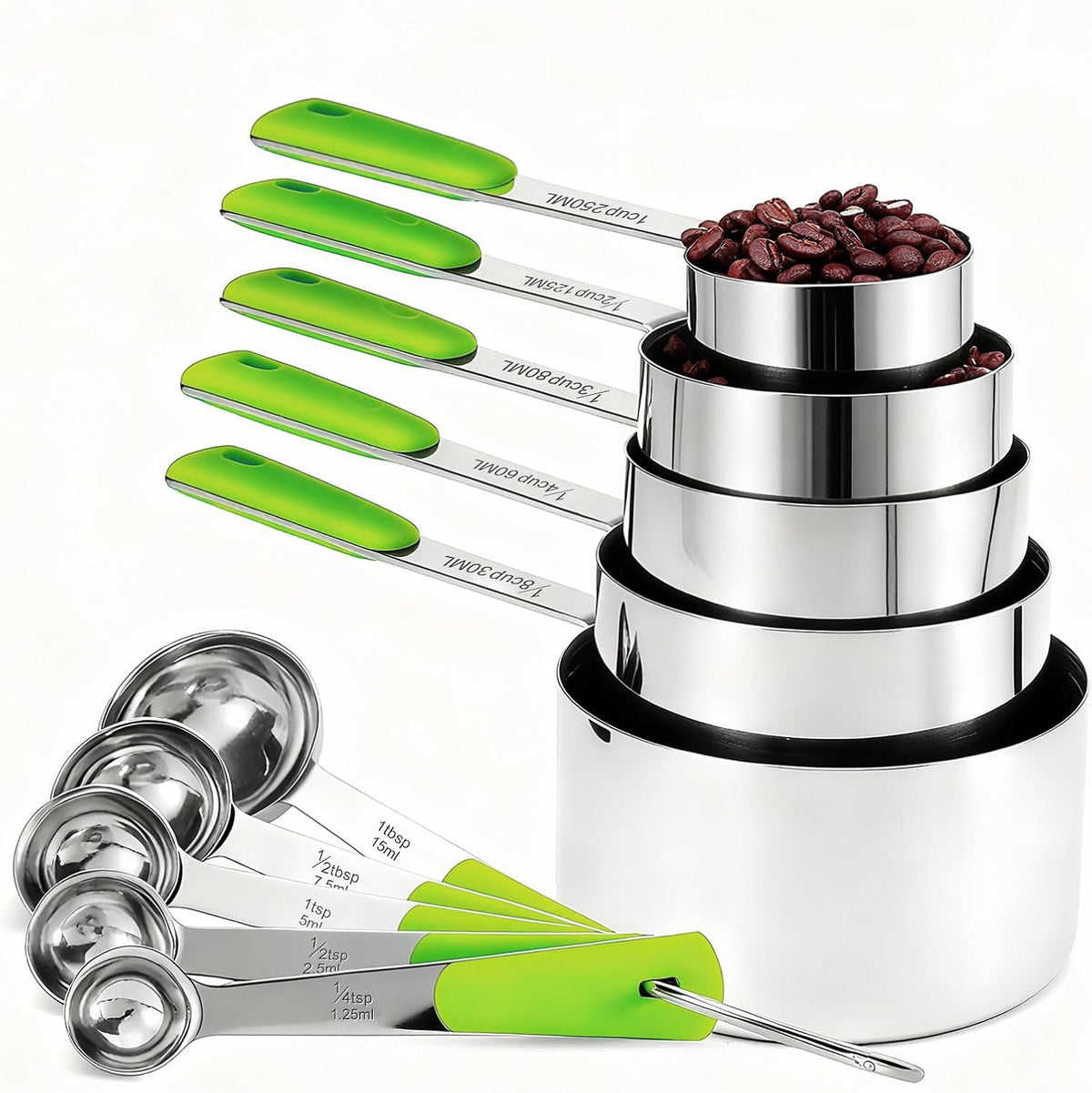 10-Pcs Stainless Steel Measuring Cups & Spoons Set, Colorful Handles