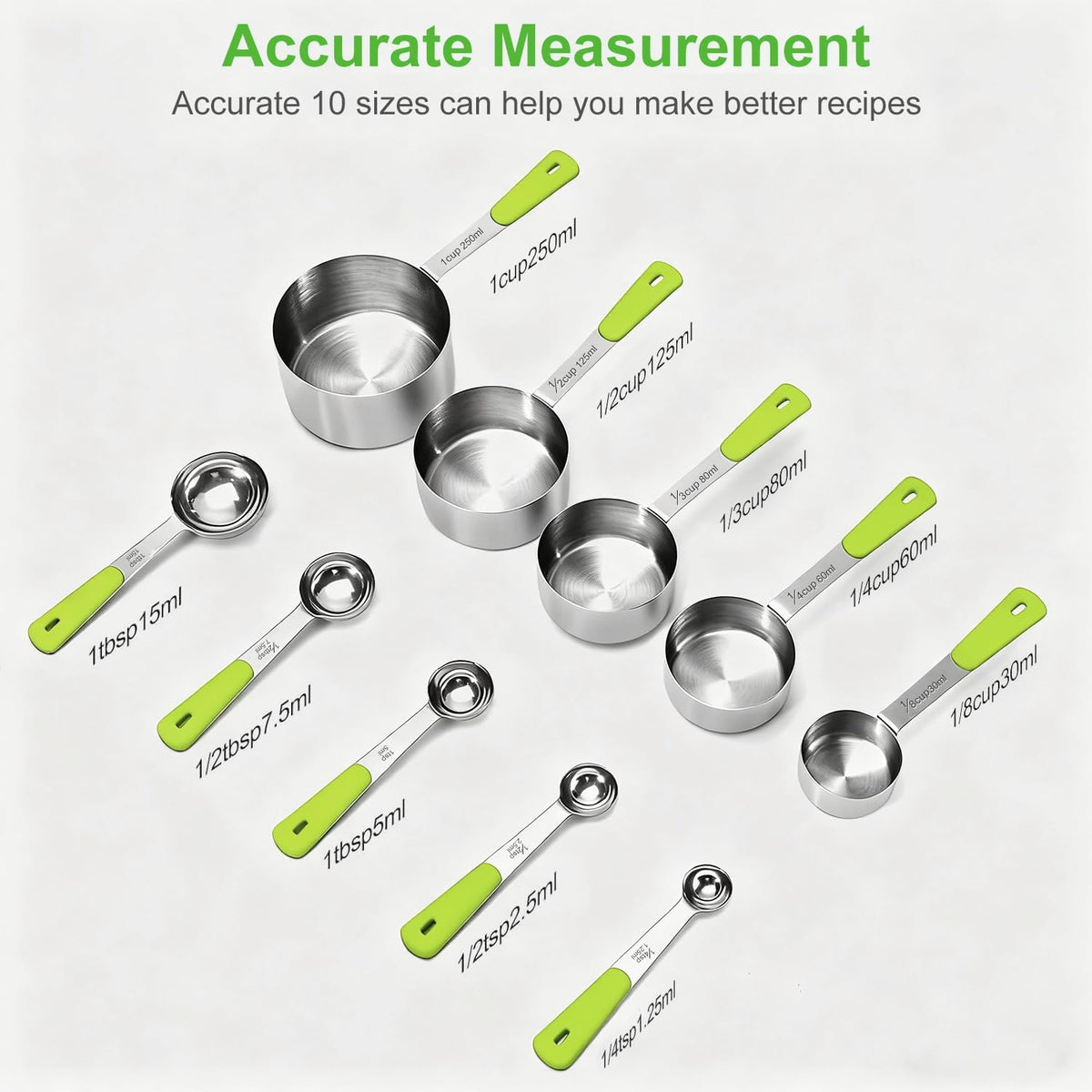 10-Pcs Stainless Steel Measuring Cups & Spoons Set, Colorful Handles