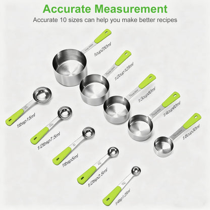 10-Pcs Stainless Steel Measuring Cups & Spoons Set, Colorful Handles