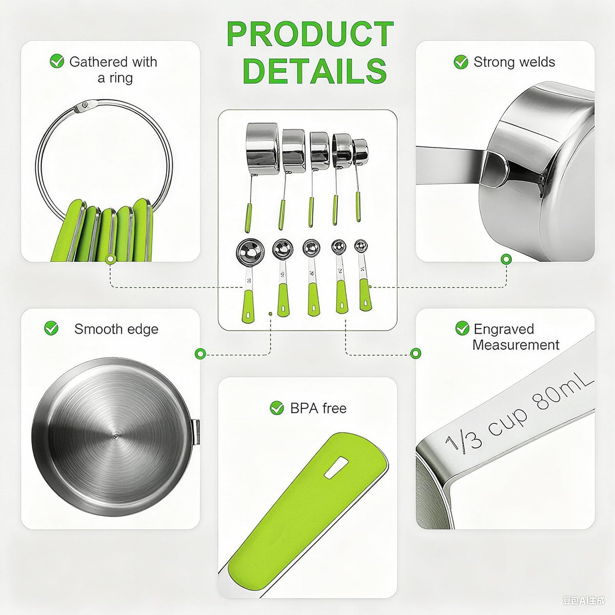 10-Pcs Stainless Steel Measuring Cups & Spoons Set, Colorful Handles