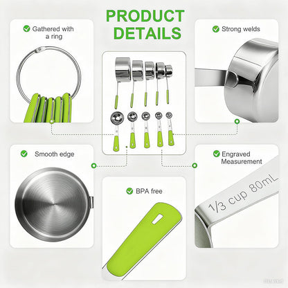 10-Pcs Stainless Steel Measuring Cups & Spoons Set, Colorful Handles