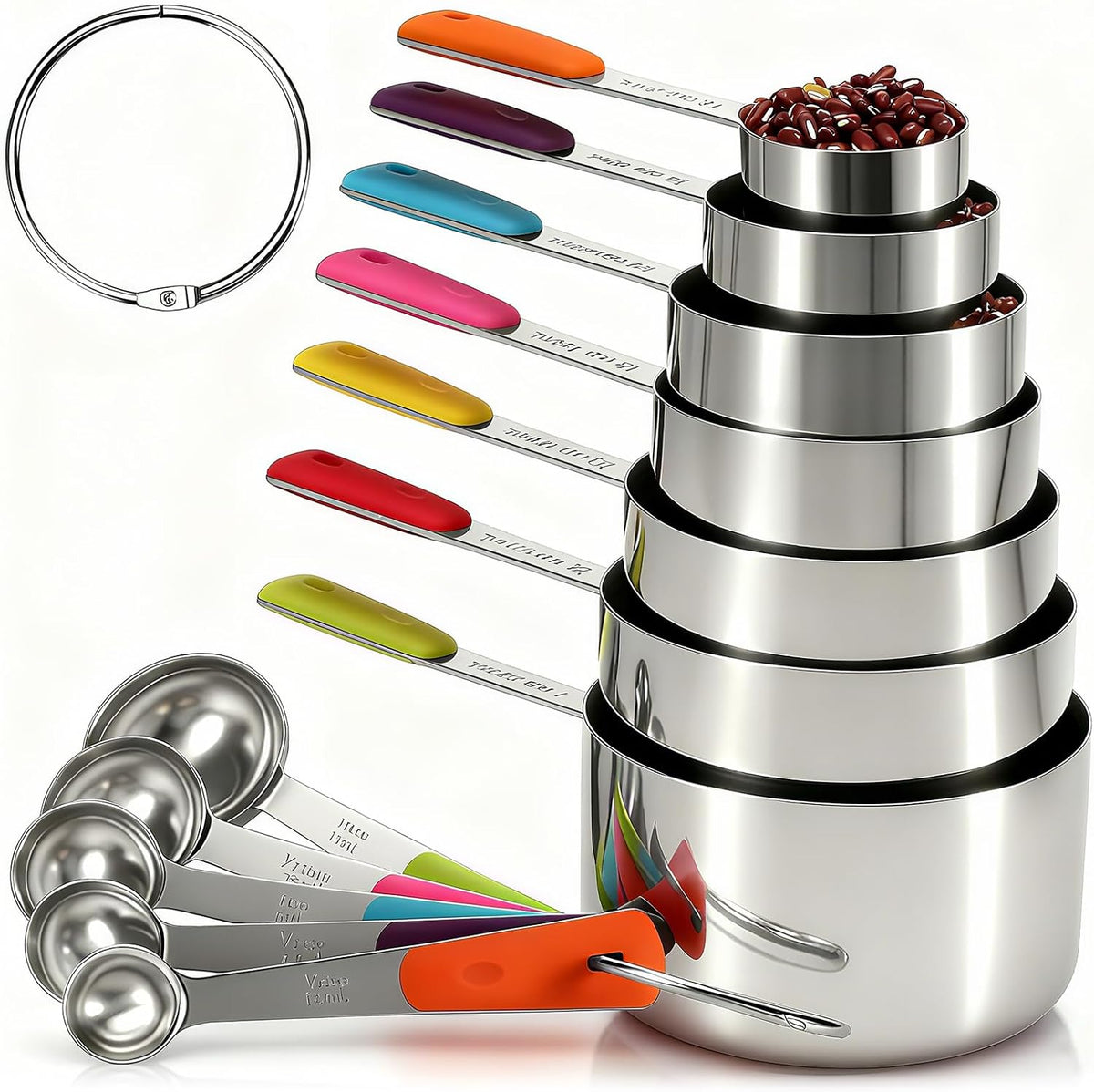 10-Pcs Stainless Steel Measuring Cups & Spoons Set, Colorful Handles