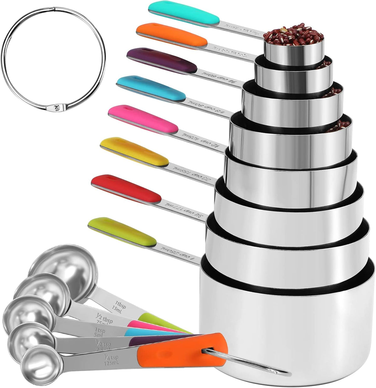 10-Pcs Stainless Steel Measuring Cups & Spoons Set, Colorful Handles