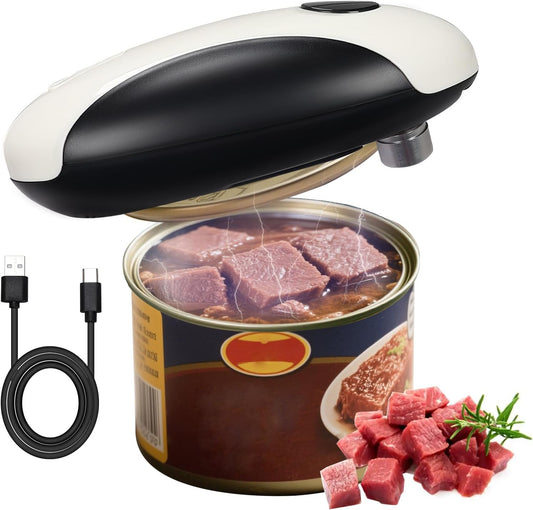 Rechargeable Electric Can Opener, Portable Gadgets Side Automatic Opener Can Food Safety,Smooth Edged for Seniors with Arthritis for All CanSizes (Black &White)